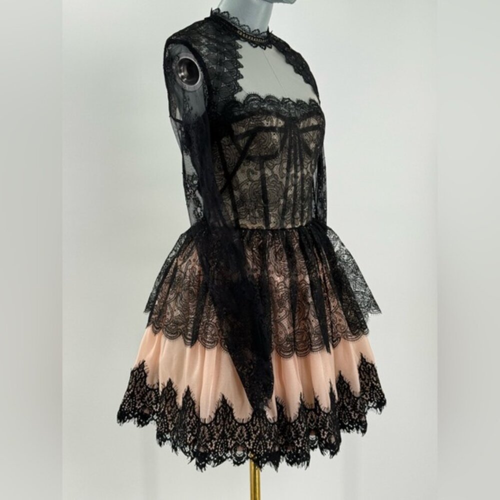 🆕 BRONX & BANCO 🧿 NWOT Daphne Illusion Lace Long Sleeve Mini Dress, Sz XS US 2 - Picture 4 of 14